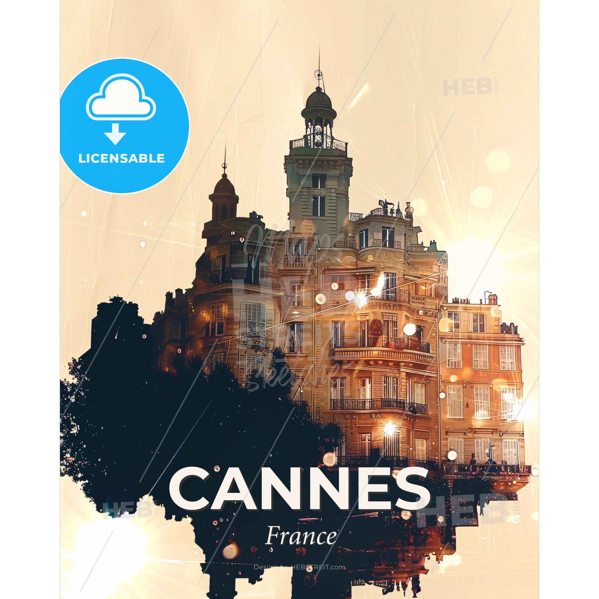 Cannes Skyline Silhouette Art - Beige Background, Sparkles - A building with a tower and trees - Square format print template