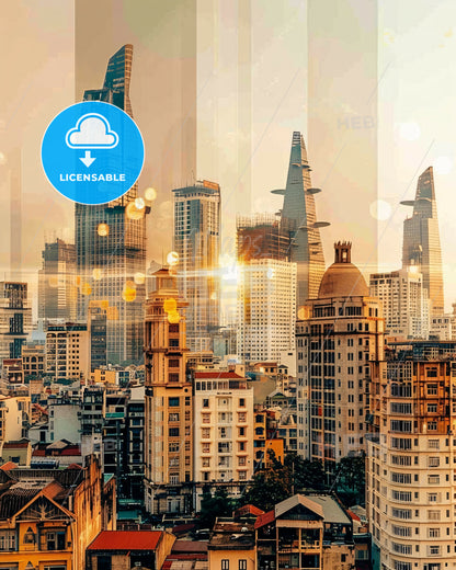 Cantho City Skyline Architectural Sunset Realism Art Print - A city with many tall buildings