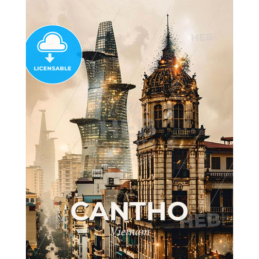 Can Tho Skyline Double Exposure Cityscape Poster - A city with tall buildings and a tower - Square format print template