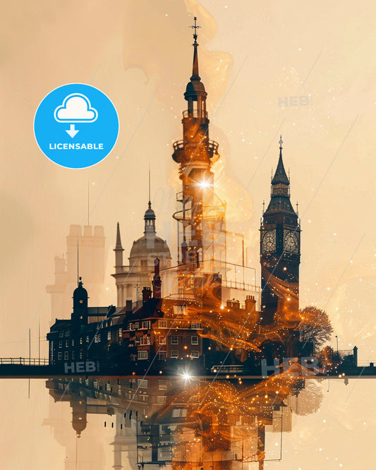 Canvey Island Double Exposure Art Skyline Composite - A city with a tower and a clock on the water