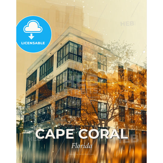 Cape Coral cityscape art splash of urban sunshine - A building with trees reflected in the mirror - Square format print template