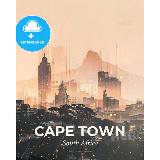 Cape Town Skyline: Beige Beauty with Glimmering Lights - A city with a mountain in the background - Square format print template