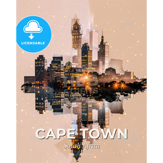 Cape Town Skyline - Double Exposure Composite Art - A city skyline with lights reflecting in water - Square format print template