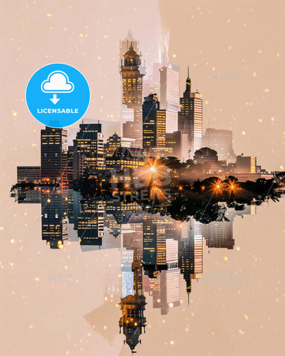 Cape Town Skyline - Double Exposure Composite Art - A city skyline with lights reflecting in water