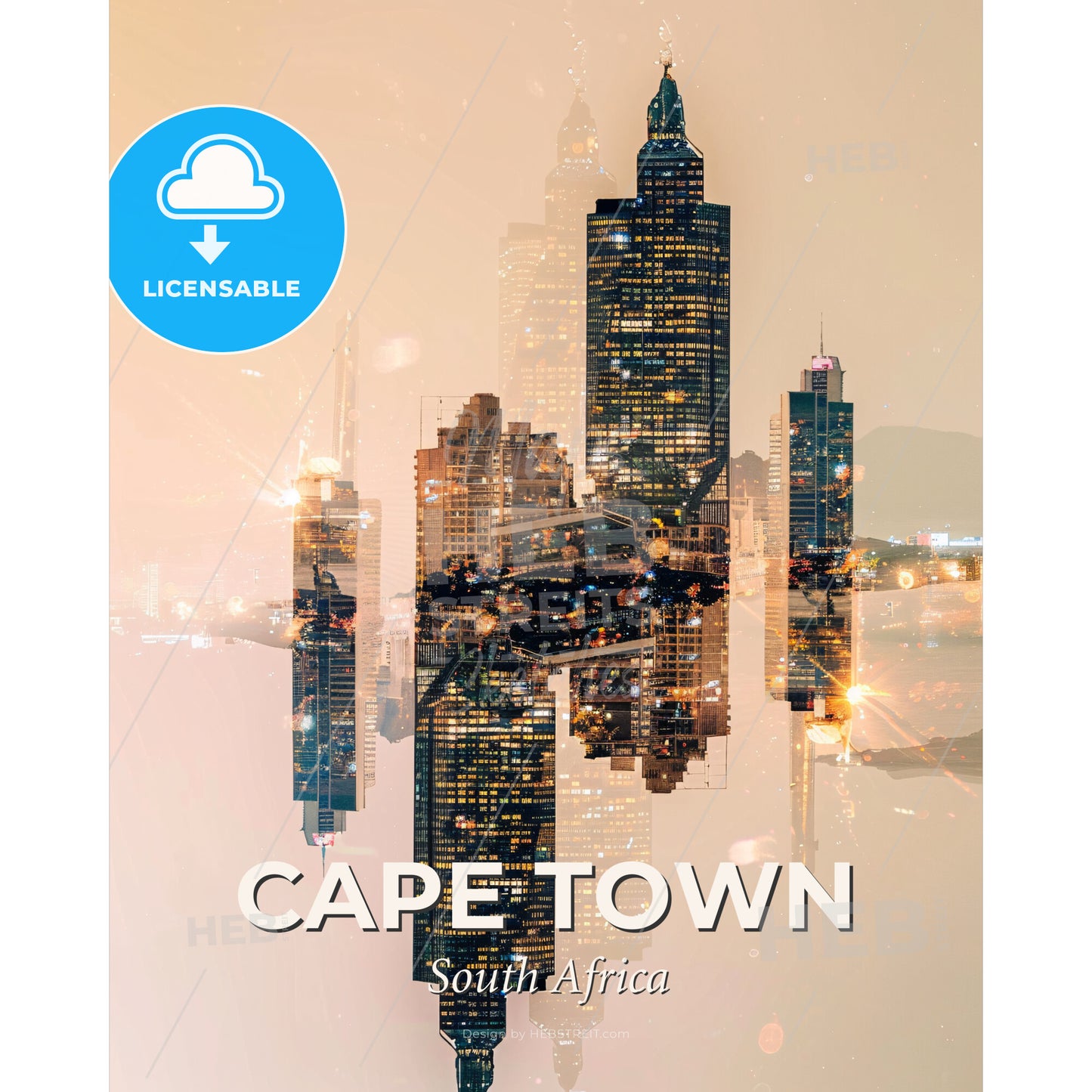 Cape Town Cityscape Silhouette Night Lights Poster - A city skyline with lights reflecting on water - Square format print template