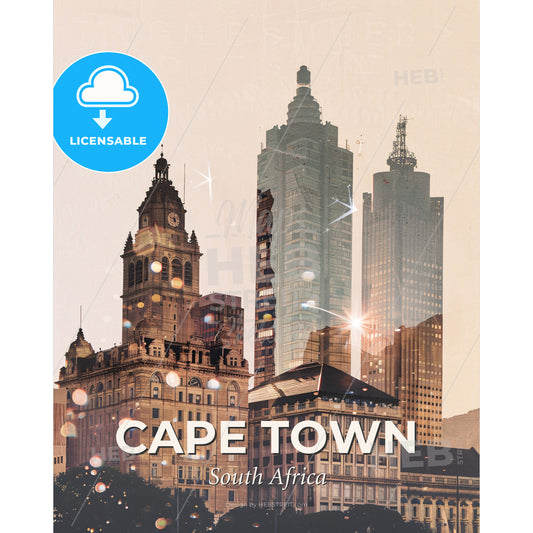 Cape Town Skyline Double Exposure Poster Art - A group of buildings with a clock tower - Square format print template