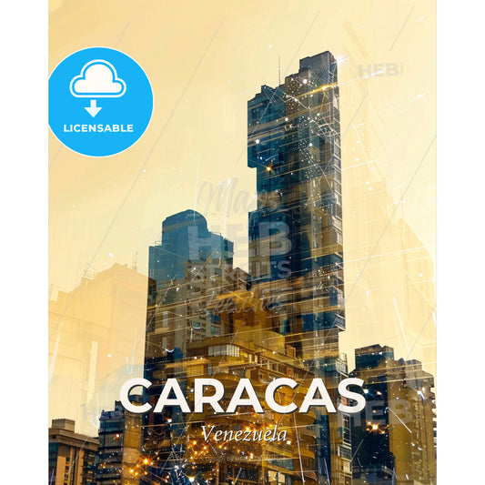 Caracas City Lights: Art Nouveau Poster Print - A city skyline with many buildings - Square format print template