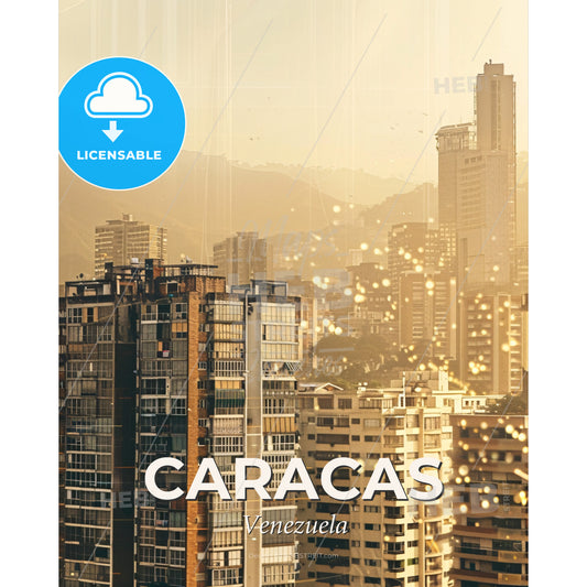 Caracas Skyline City Icons Bright Beige Poster - A city with many tall buildings - Square format print template