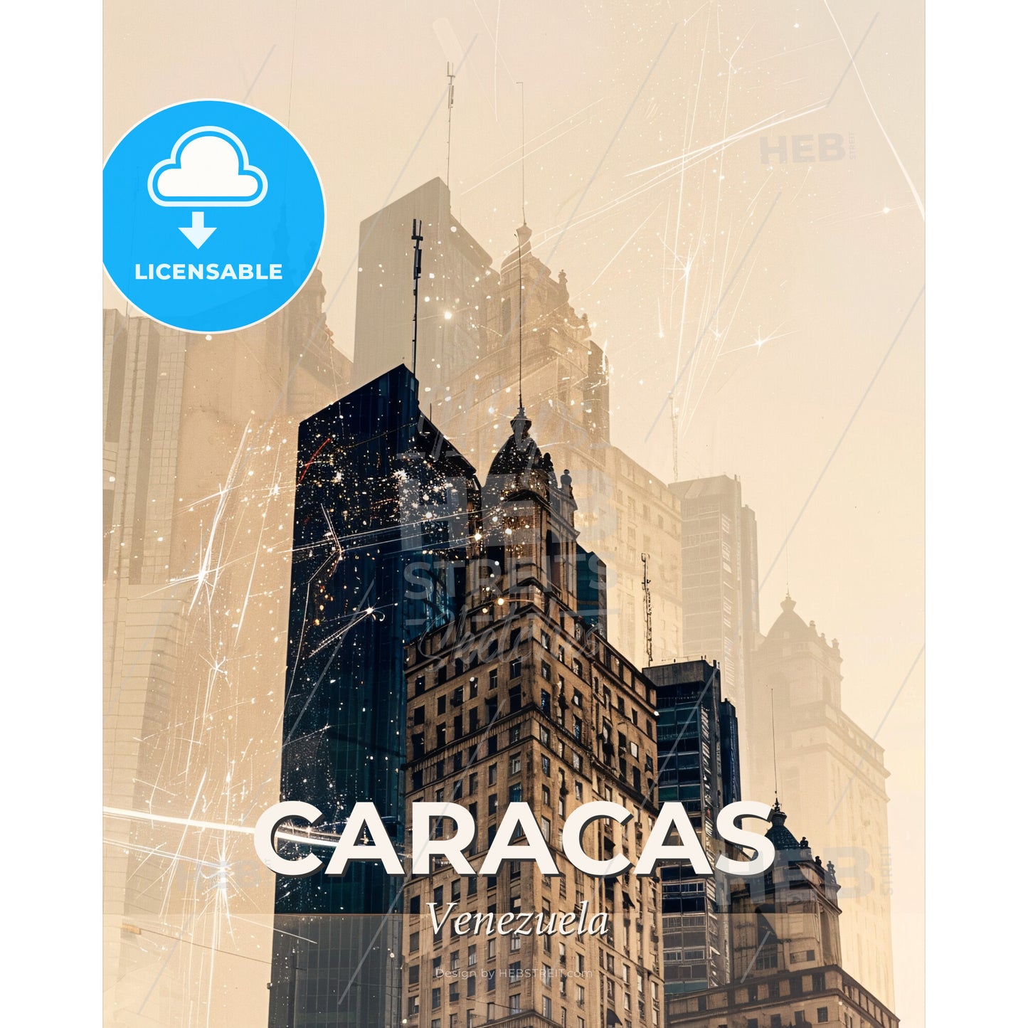 Caracas Skyline Vibrant Double Exposure Art Poster - A city skyline with fireworks - Square format print template