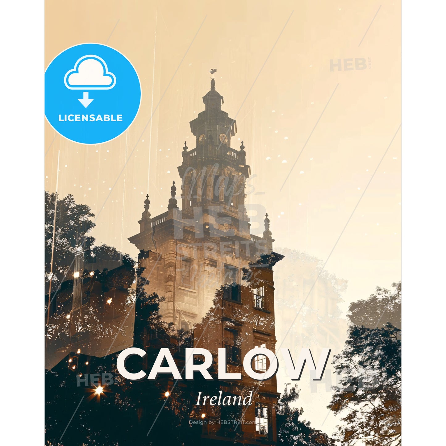 Carlow City Skyline Silhouette Double Exposure Poster Art - A building with a clock tower - Square format print template