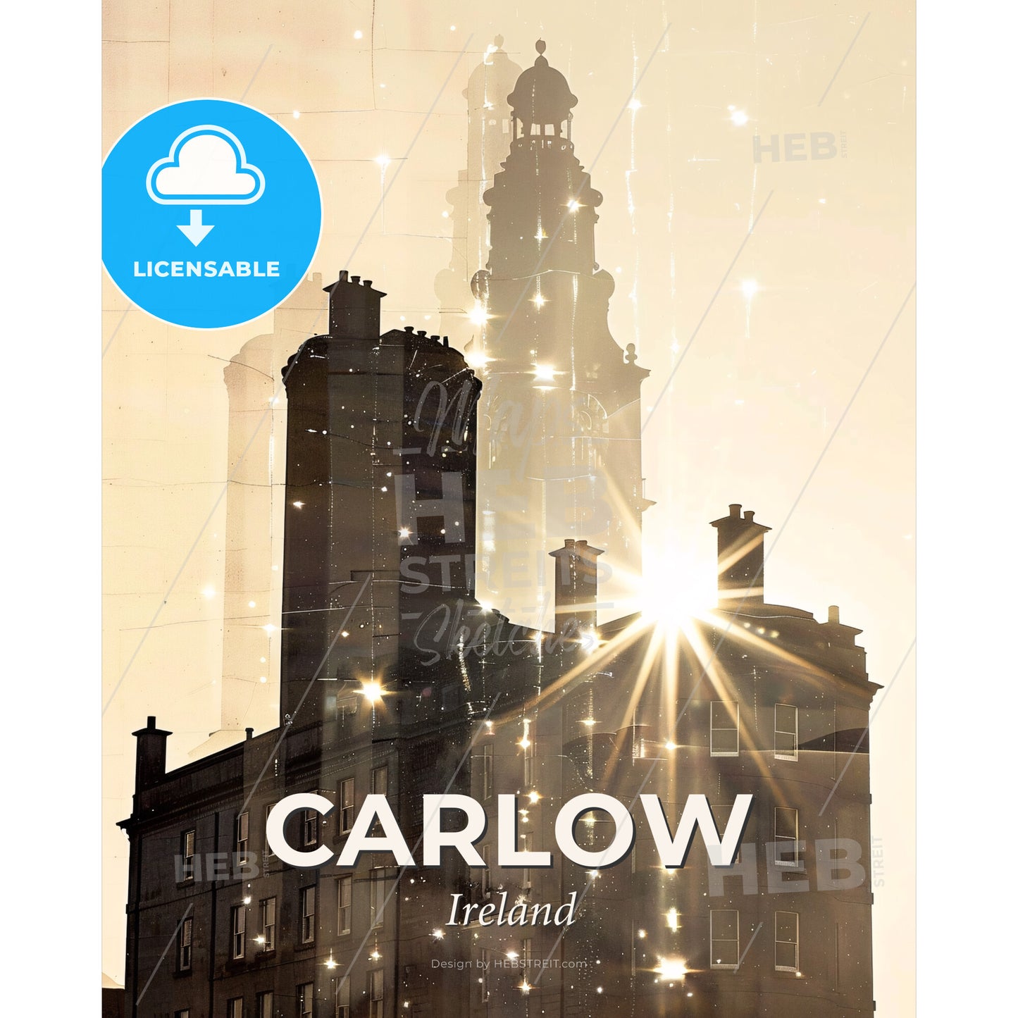 Carlow City Double Exposure Skyline Silhouette - A building with a tower and a clock tower - Square format print template