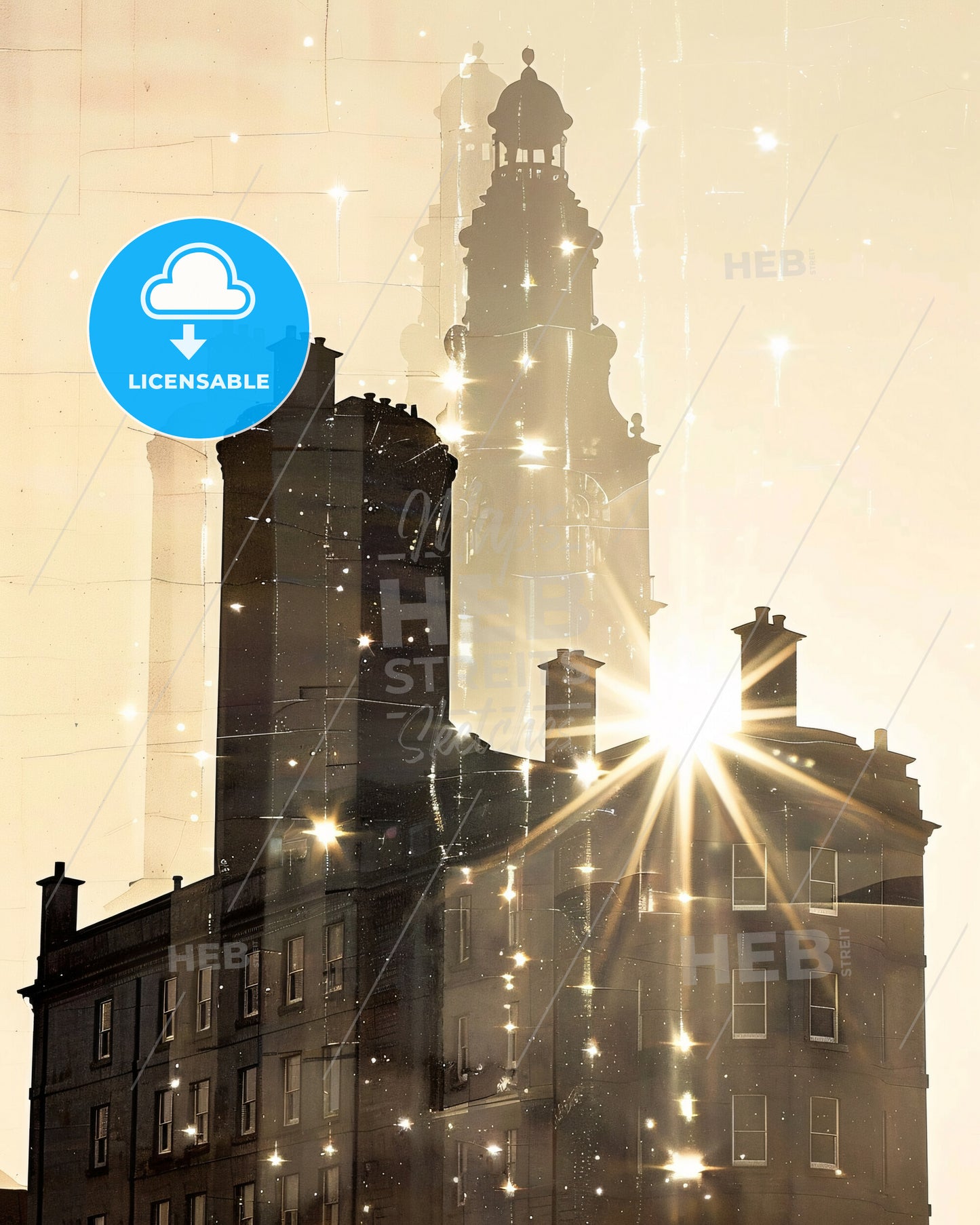 Carlow City Double Exposure Skyline Silhouette - A building with a tower and a clock tower