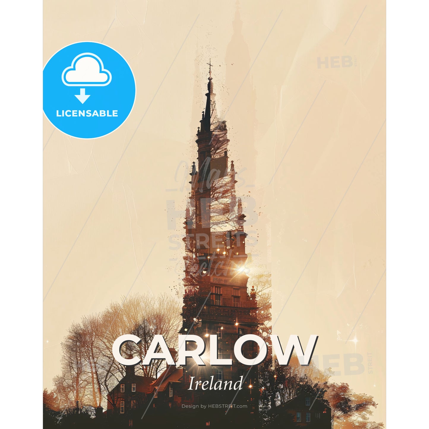 Carlow Skyline Double Exposure Silhouette Art - A building with a tower - Square format print template