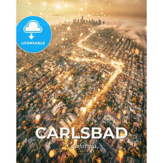 Carlsbad Californian Icons Skyline Bright Beige Paper - Aerial view of a city with lights - Square format print template