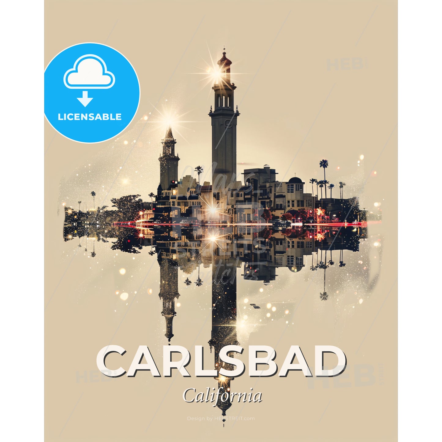 Carlsbad Skyline Composite Art: City Meets Icons - A city with a tower and a reflection of it - Square format print template