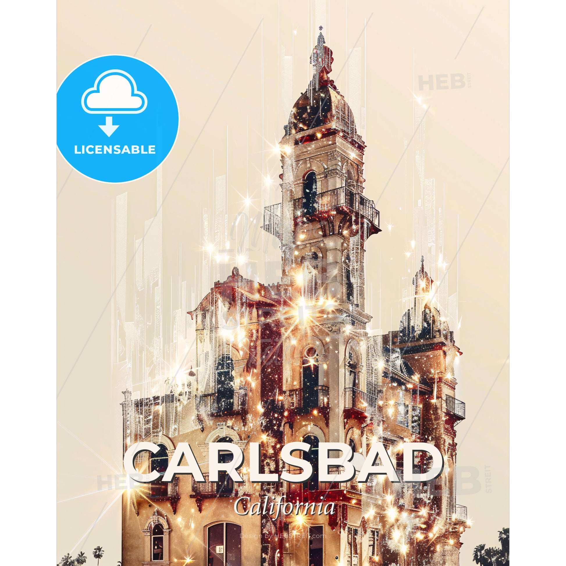 Carlsbad California City Skyline Art Print - A building with a tower and a tower with a cross on top - Square format print template