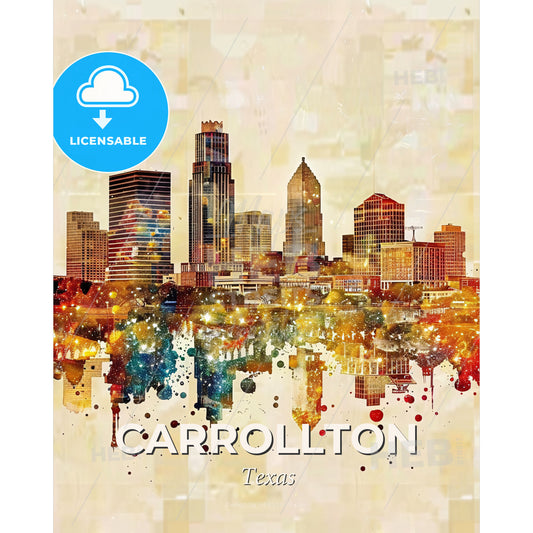 Carrollton: Local Skyline Composite Artwork - A city skyline with colorful spots - Square format print template