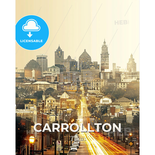 Carrollton Skyline: Local Icons, Bold Beige - A city with lights on the street - Square format print template