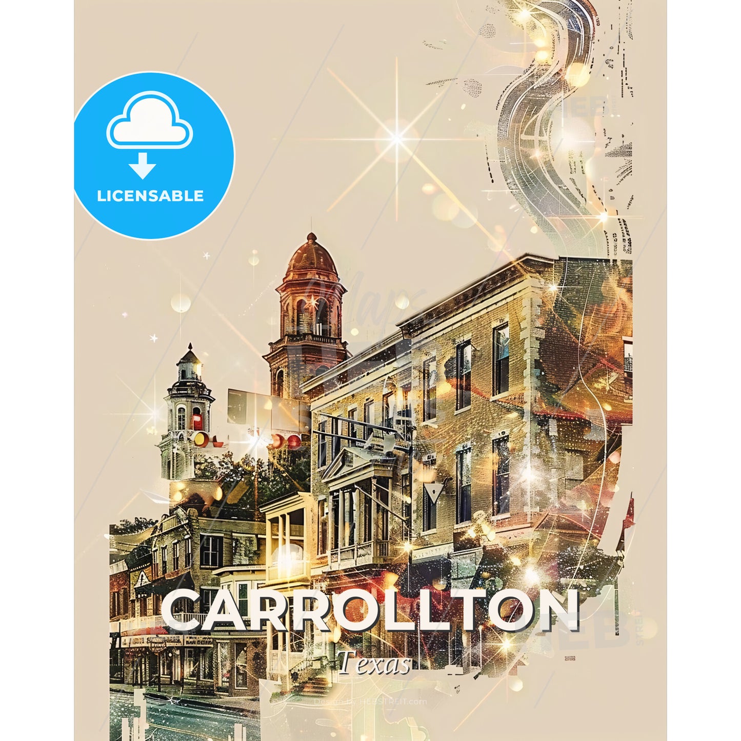 Carrollton Skyline Cityscape, Local Icons Poster - A city street with buildings and lights - Square format print template