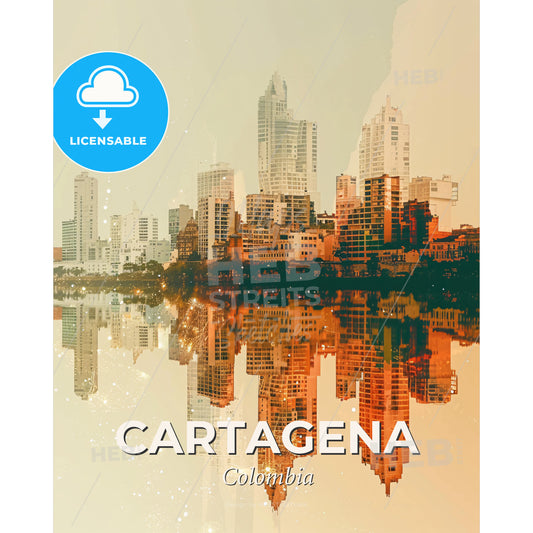 Cartagena City Skyline Composite Poster Art - A city skyline reflected in water - Square format print template