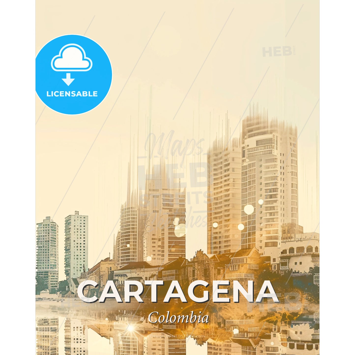 Cartagena Skyline Composite Art Poster - A city skyline with buildings and water - Square format print template