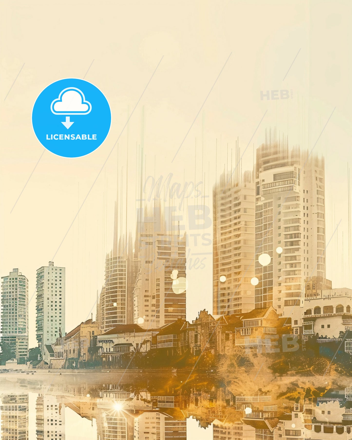 Cartagena Skyline Composite Art Poster - A city skyline with buildings and water