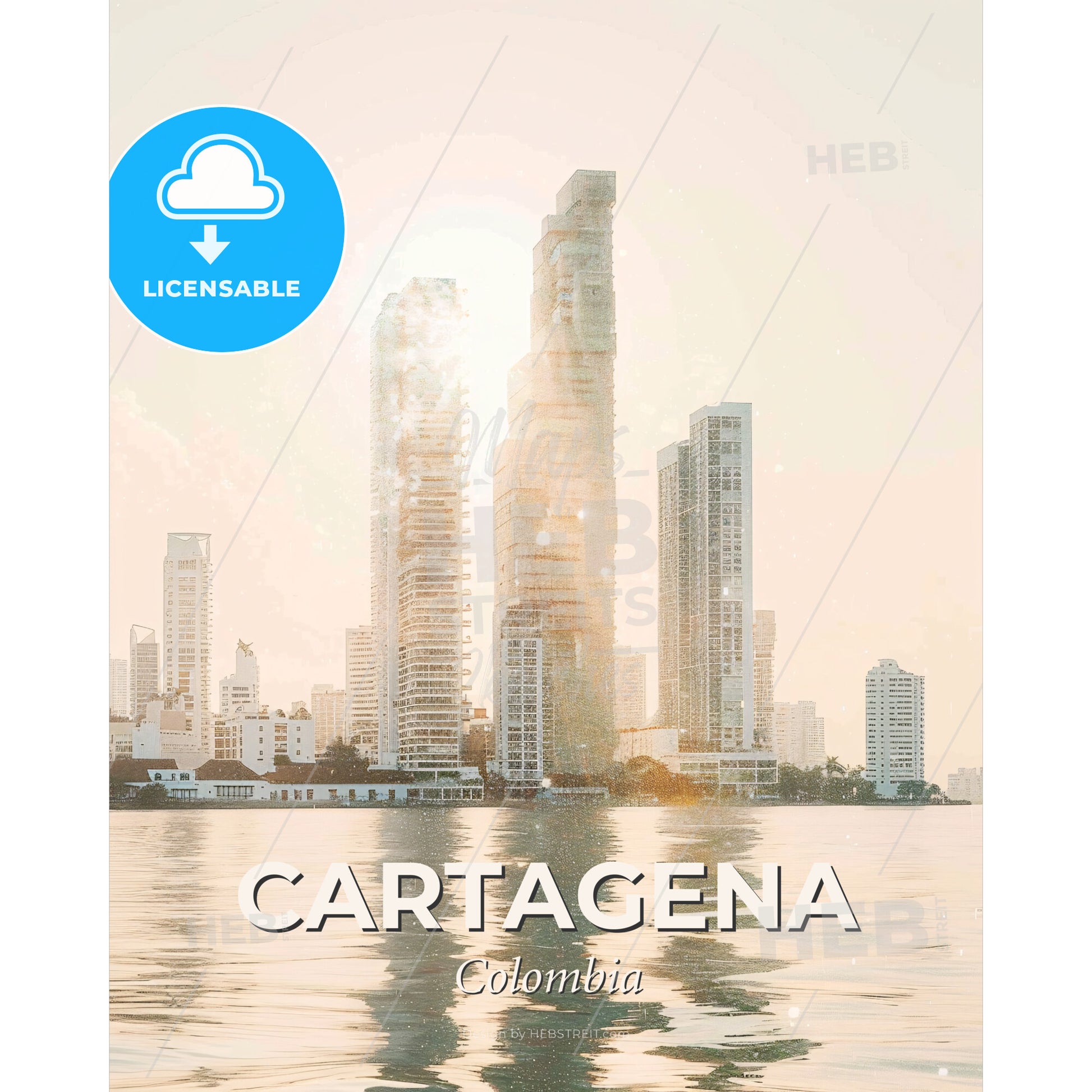 Cartagena Colombia Double Exposure Composite Art - A city skyline with water in the background - Square format print template