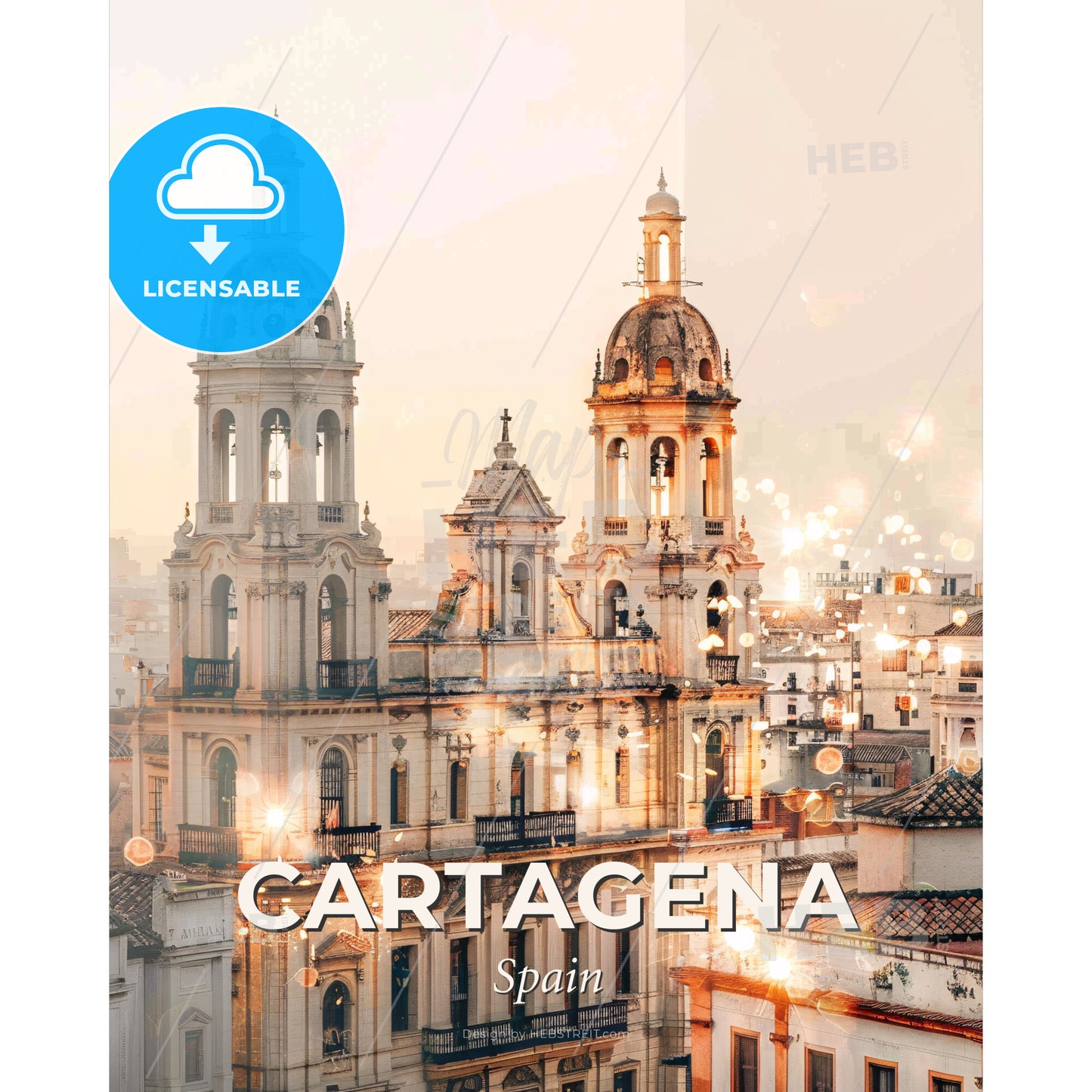 Cartagena Architectural Double Exposure Art Poster - A large building with towers and lights - Square format print template