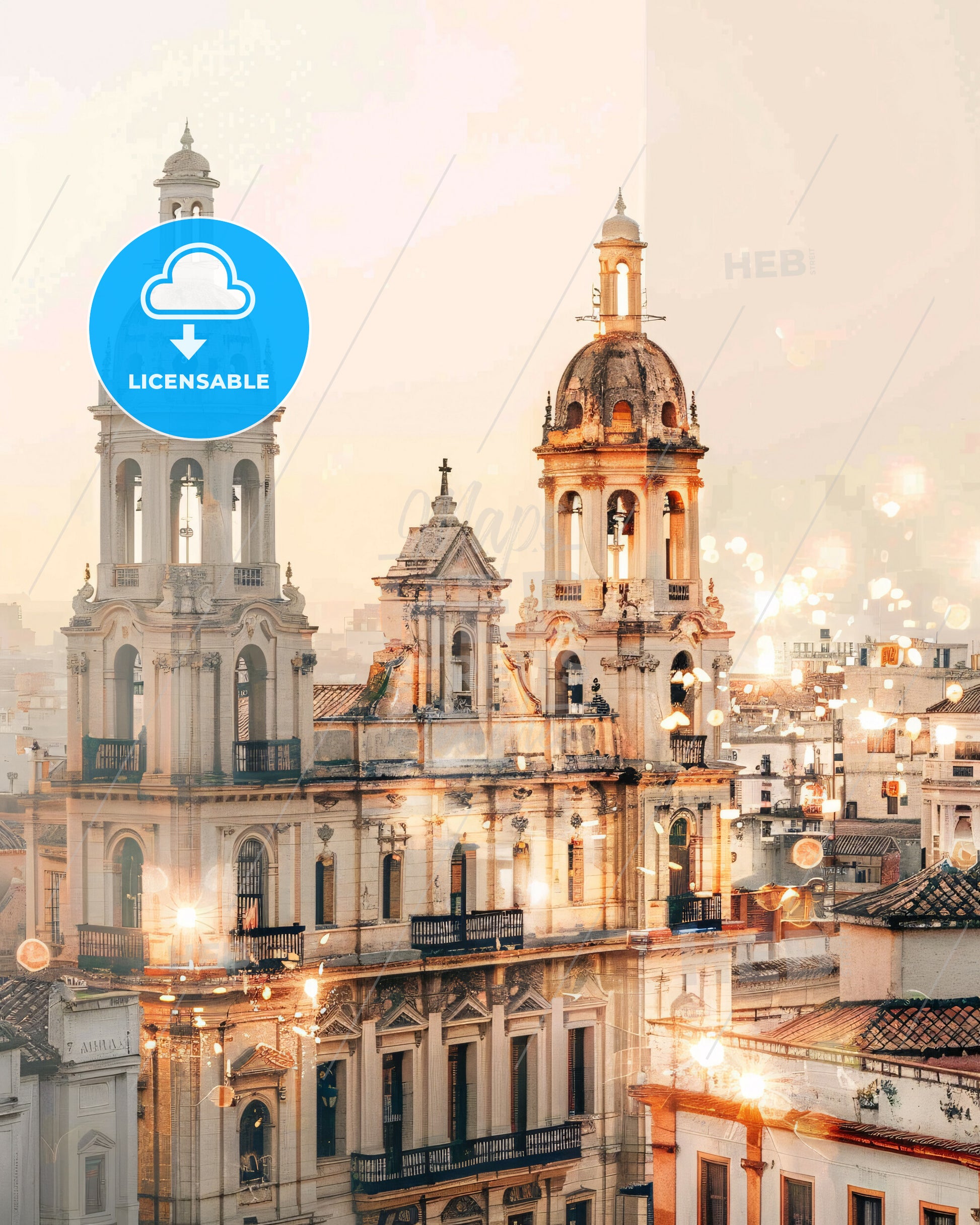 Cartagena Architectural Double Exposure Art Poster - A large building with towers and lights