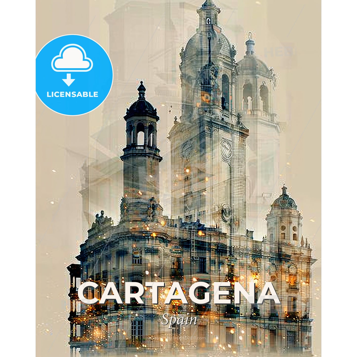 Cartagena: Iconic Cityscape Composite Art Poster - A building with towers and a light on it - Square format print template