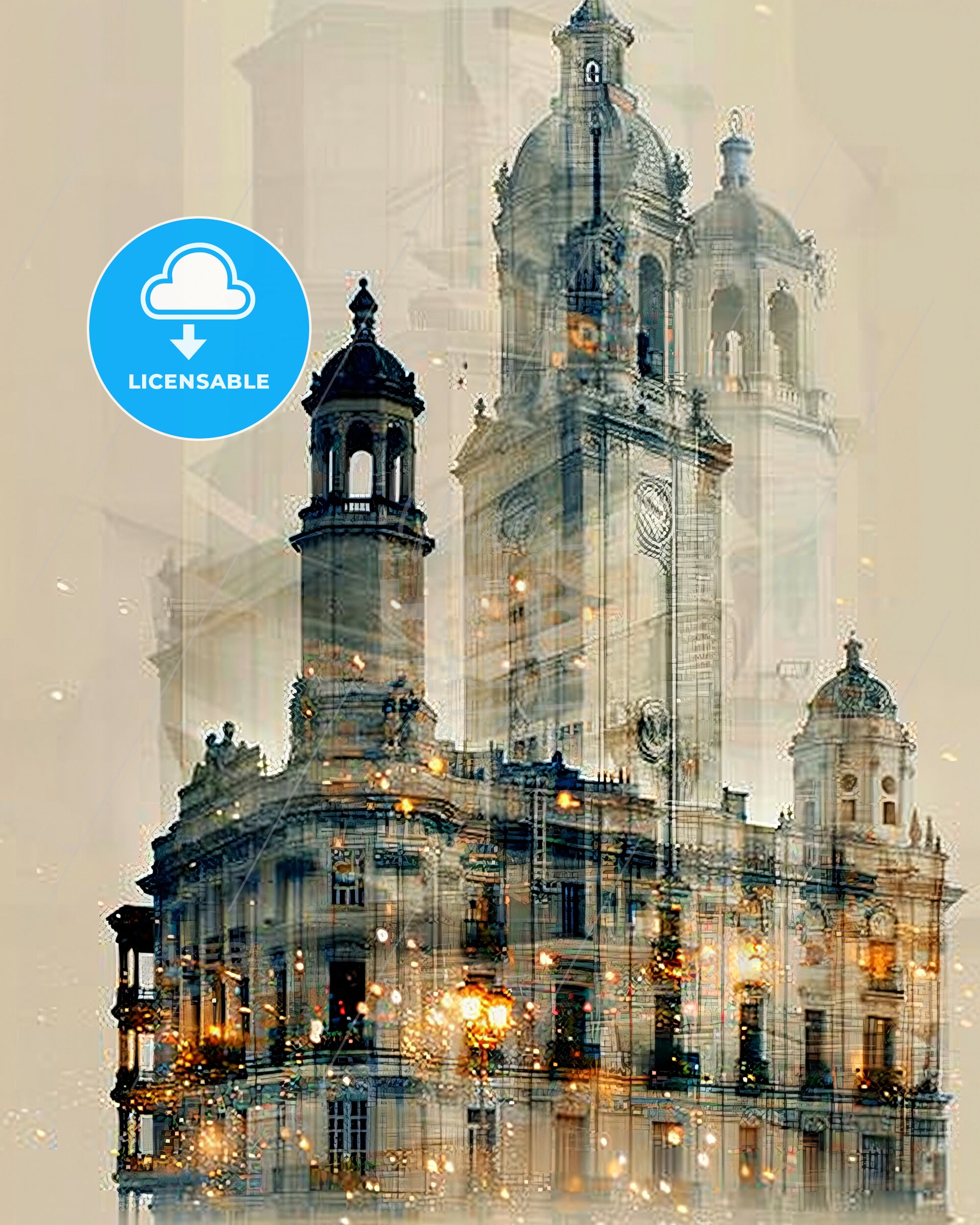 Cartagena: Iconic Cityscape Composite Art Poster - A building with towers and a light on it