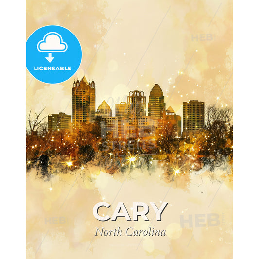 Cary City Skyline: Iconic Architecture and Beige Backlight - A city skyline with trees and stars - Square format print template