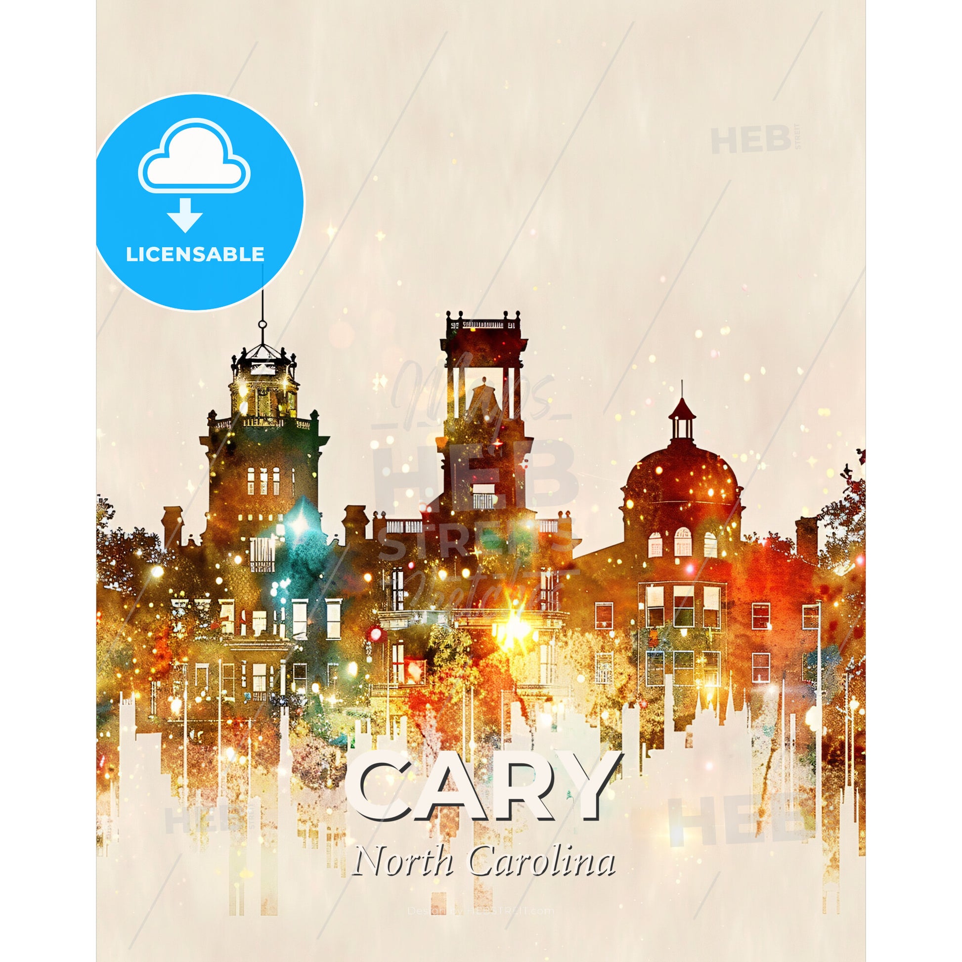 Cary City Skyline Double Exposure Art - A city skyline with buildings and trees - Square format print template