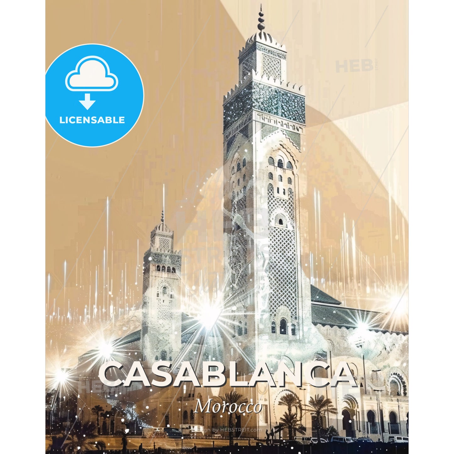 Casablanca City Lights Panorama Poster - A large building with a tall tower and many lights - Square format print template