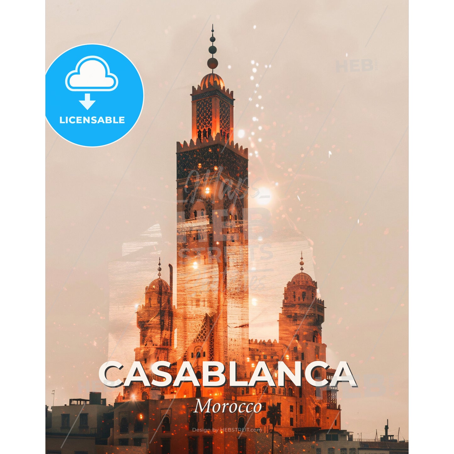 Casablanca City Skyline Poster Double Exposure - A large building with towers and towers - Square format print template