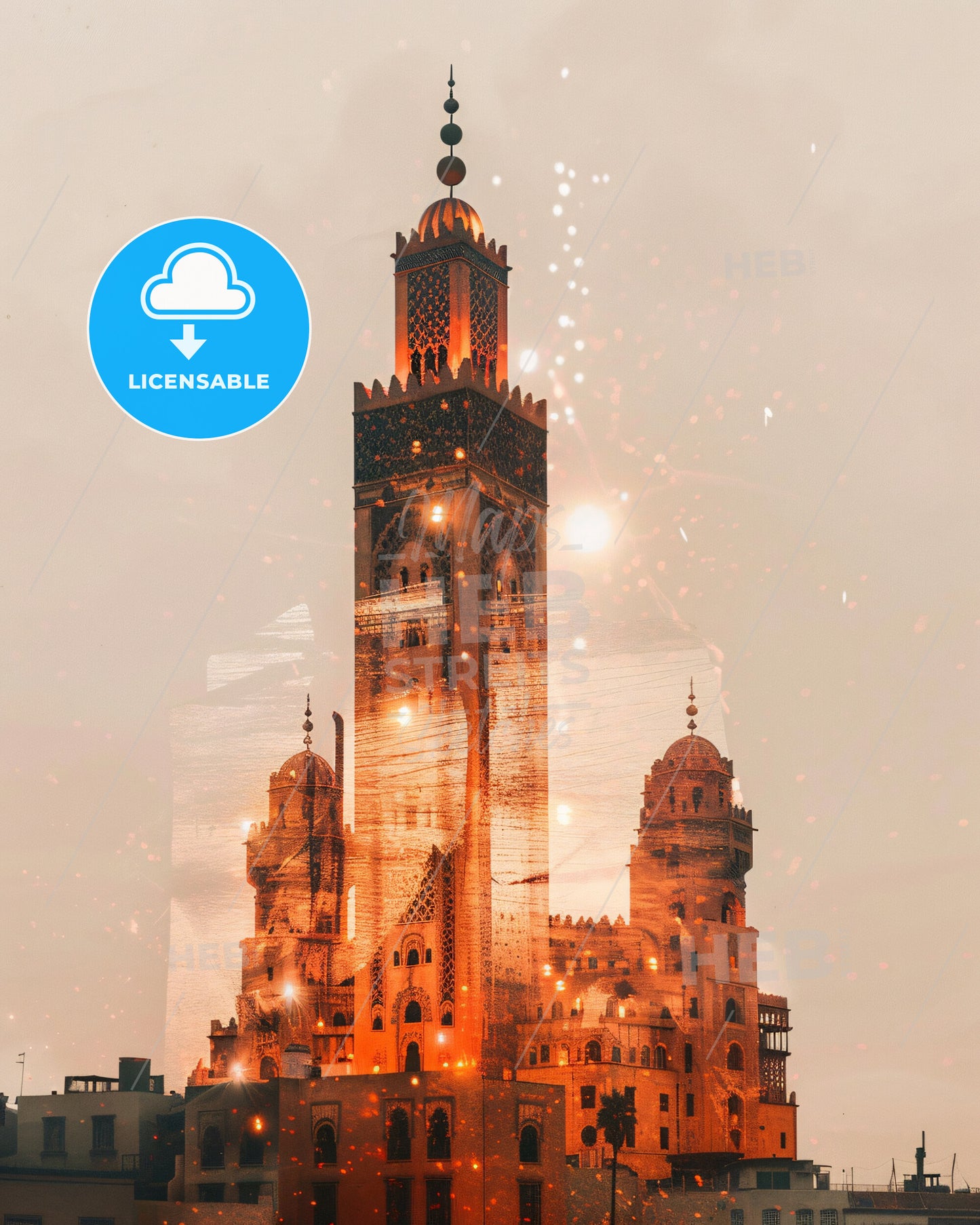 Casablanca City Skyline Poster Double Exposure - A large building with towers and towers