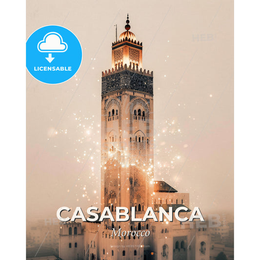 Casablanca Skyline Double Exposure Art - A tall tower with a tower and a tower with a spire - Square format print template