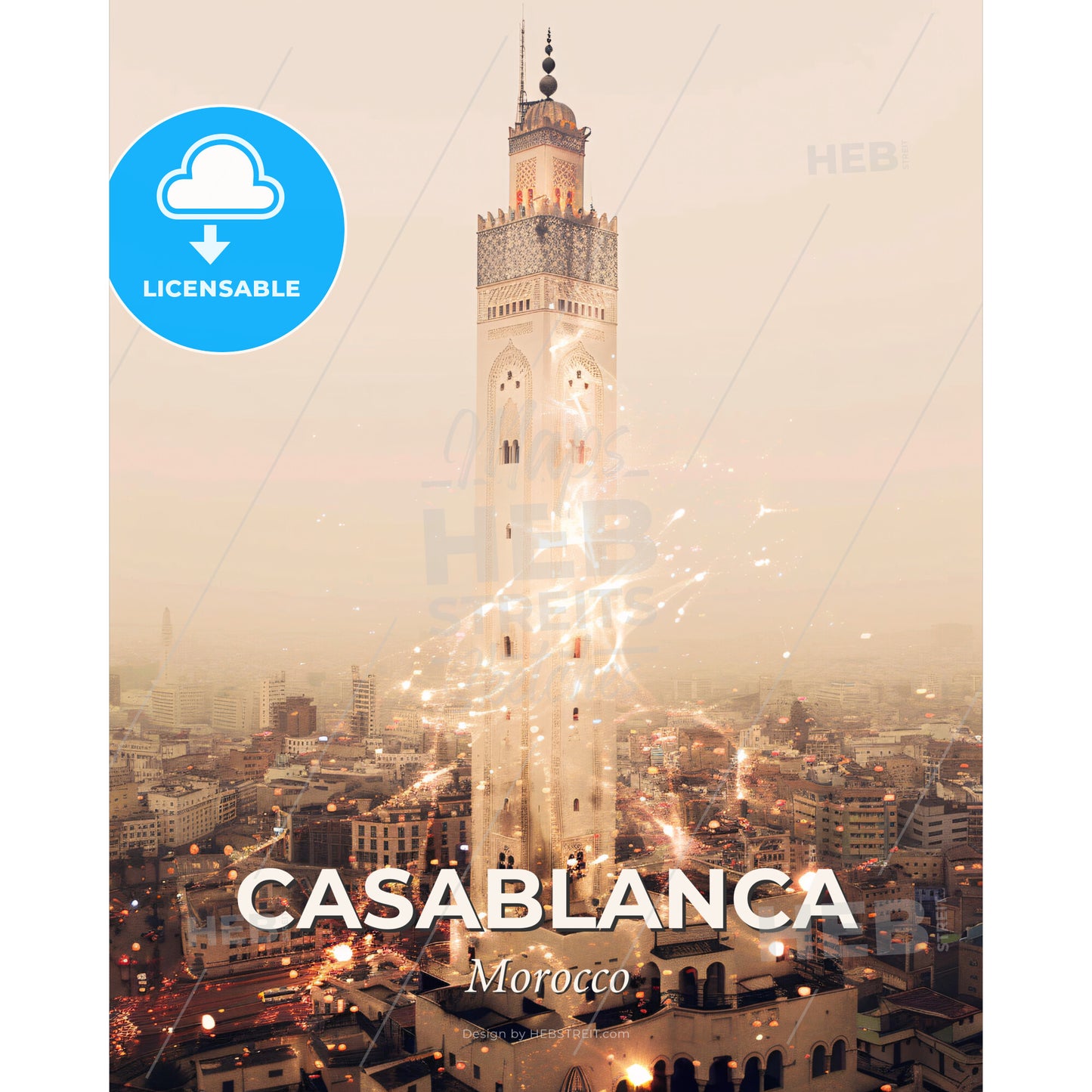 Casablanca Pastel Double Exposure City Art - A tall tower with fireworks - Square format print template