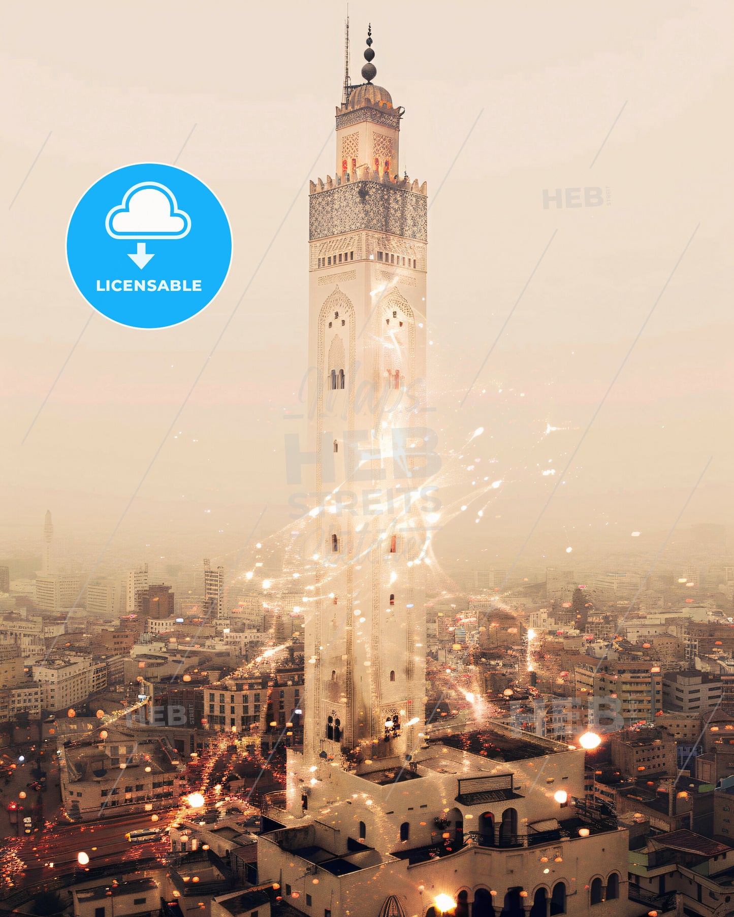 Casablanca Pastel Double Exposure City Art - A tall tower with fireworks