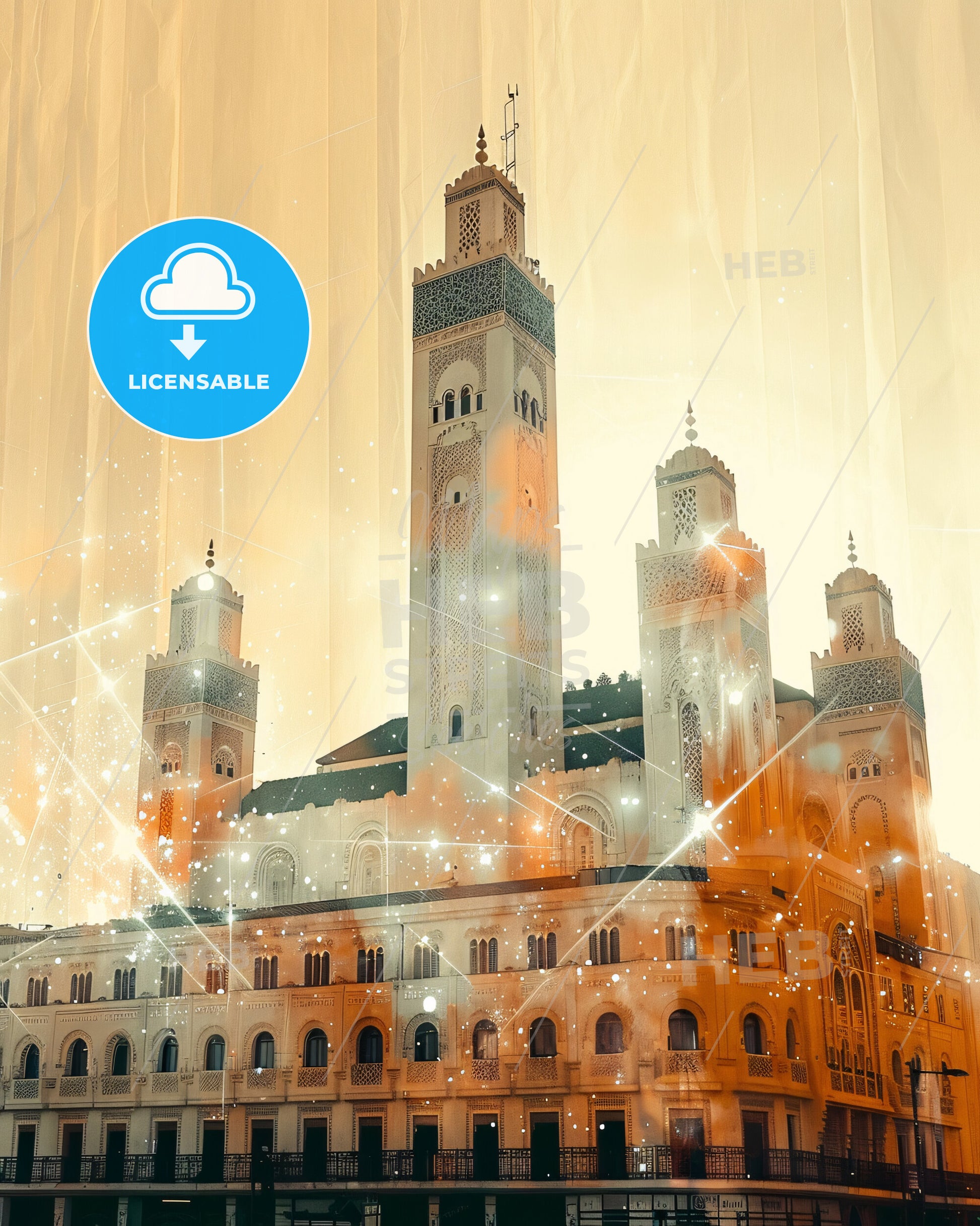 Casablanca Morocco Skyline Double Exposure Composite Art - A building with towers and lights