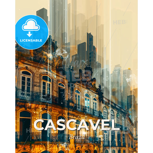 Cascavel: Iconic Skyline Art, Bright Beige Edition - A building with many windows and a city skyline - Square format print template