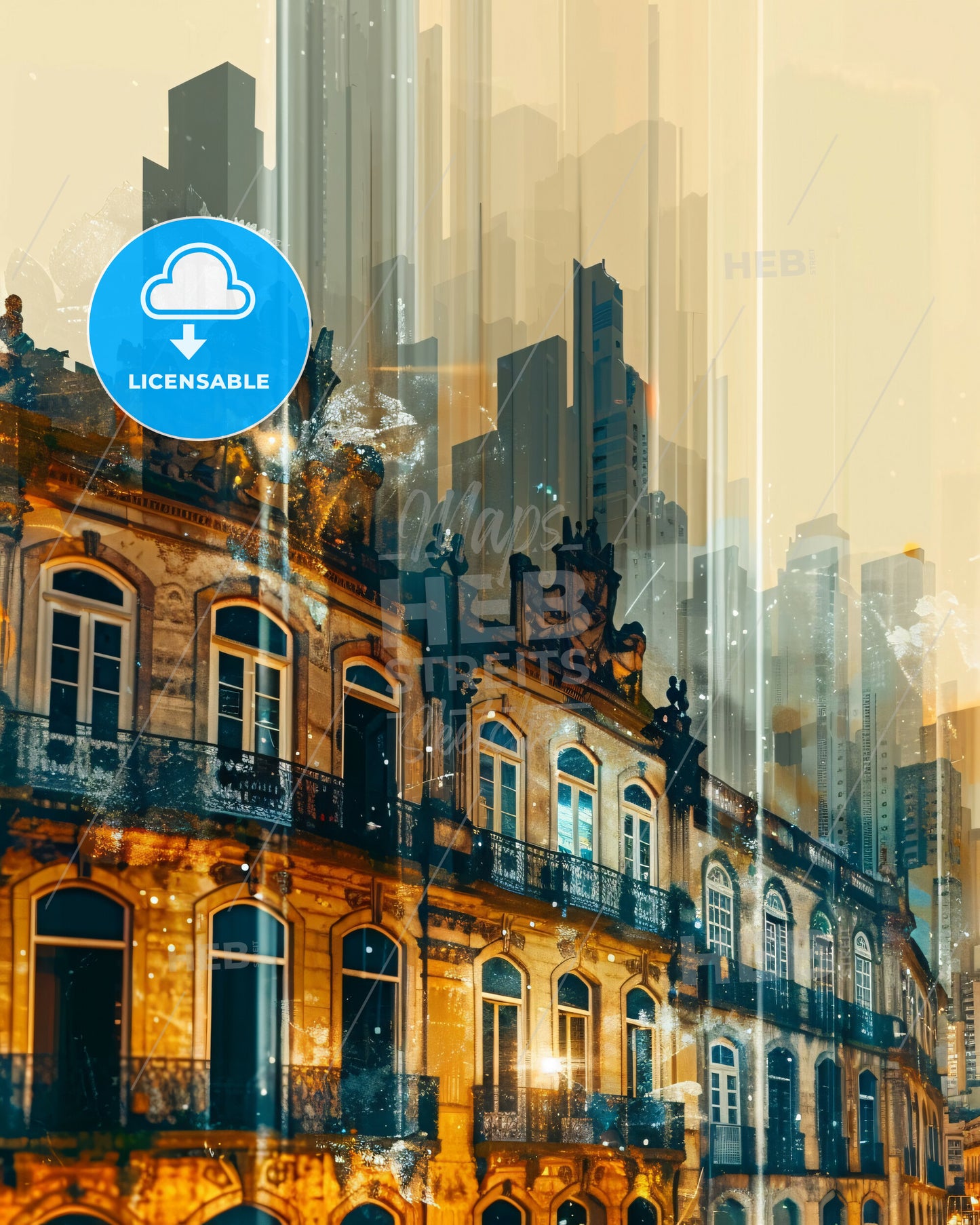 Cascavel: Iconic Skyline Art, Bright Beige Edition - A building with many windows and a city skyline