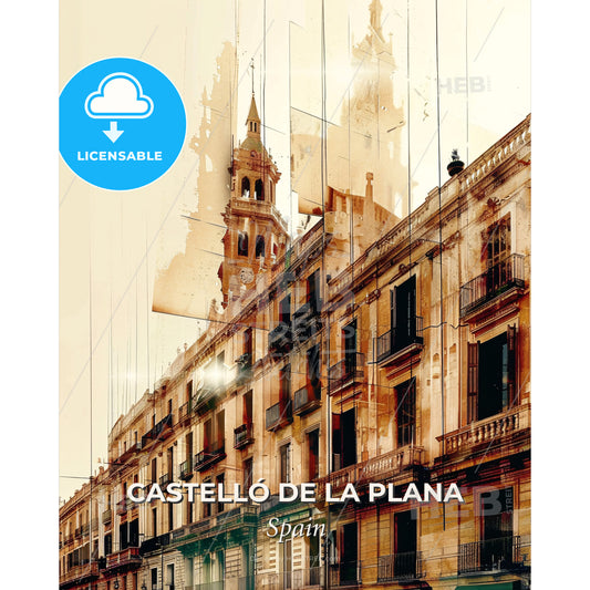 Castellon's Skyline in Double Exposure - A building with a tower - Square format print template