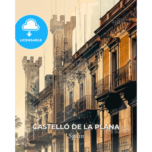 Castelló de la Plana: Skyline & Architecture Composite Art - A group of buildings with towers - Square format print template