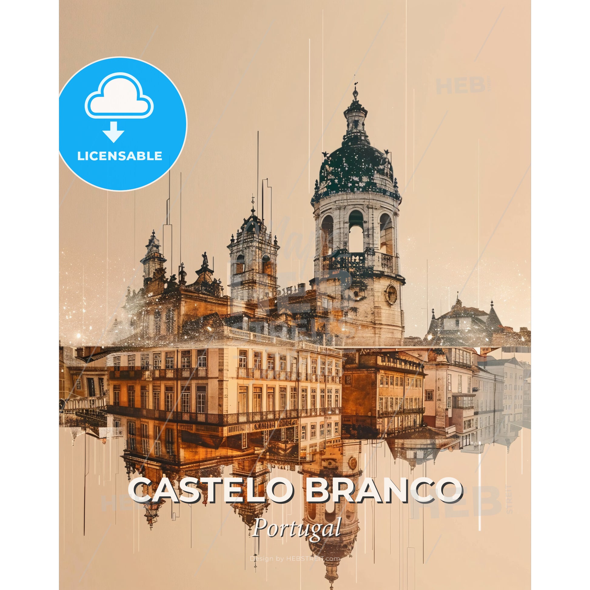 Castelo Branco City Lights Skyline Art - A building with a dome and a tower - Square format print template