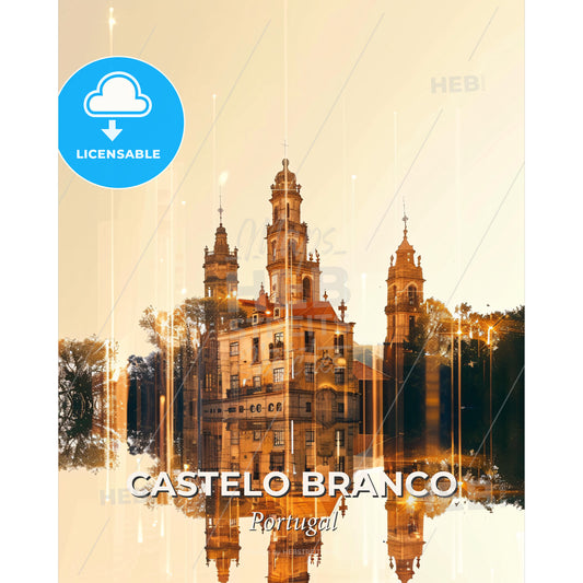 Castelo Branco Skyline Architectural Art Composite - A building with towers and trees in the background - Square format print template