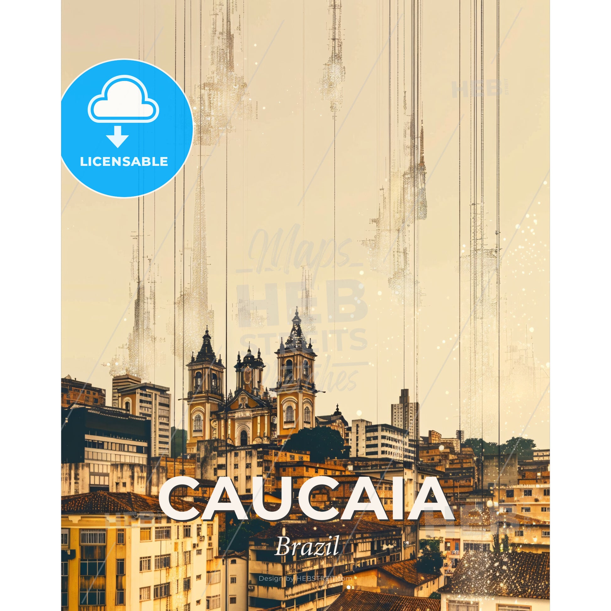 Caucaia Cityscape Art: Double Exposure Dreamscape - A city with many buildings and a church - Square format print template