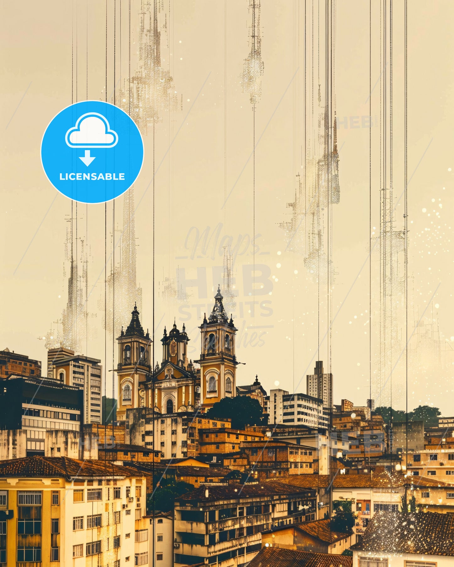 Caucaia Cityscape Art: Double Exposure Dreamscape - A city with many buildings and a church