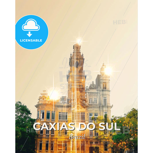 Caxias do Sul Architectural Skyline Poster Art - A building with a tower and trees - Square format print template