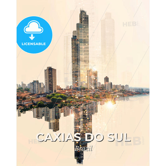 Caxias do Sul Skyline Cityscape Modern Beige Art - A city with many buildings reflected in water - Square format print template